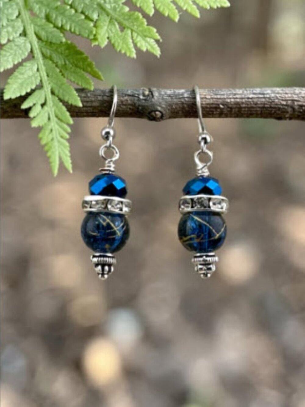 Blue Crackle Glass Earrings Crystal Rhinestone Dangle Handmade Surgical Steel